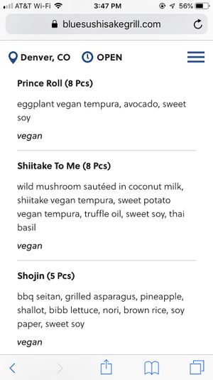 Vegan rolls  at Blue Sushi Sake Grill in Denver