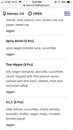 Vegan rolls at Blue Sushi Sake Grill in Denver