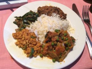 vegetable curry, Tarka Dahl, Aubergine dish, fresh vegetables from garden - courgettes and spinach and steamed rice. vegan and delicious and vegan chaotic too! at The Rajpoute in Ornex