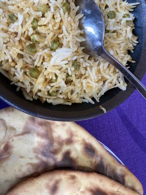 Rice and peas with gluten free bread  at The Rajpoute in Ornex