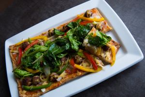 American flat bread with lentil balls and vegan homemade cheese  at Nümen in Merida
