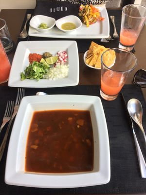Yummy vegan pozole at Nümen in Merida