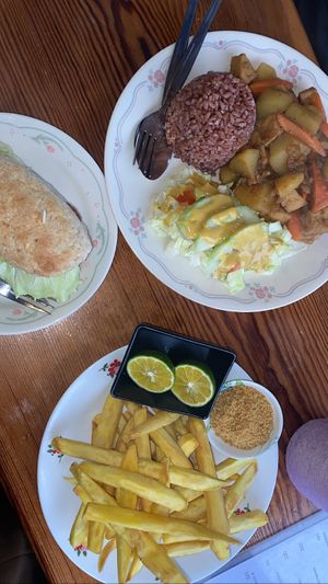 Adobo tofu, burger patty sandwich and sweet potato fries   at Gaia in Sagada