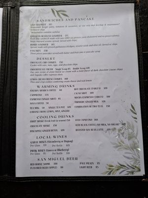 Menu at Gaia in Sagada