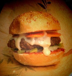 Vegan burger with home made vegan cheese :) at La Pause Verte in Aubenas