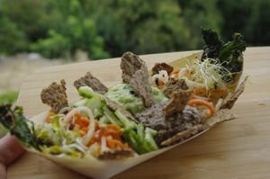 Raw "boat", with home made raw crackers, raw spreads,... at La Pause Verte in Aubenas