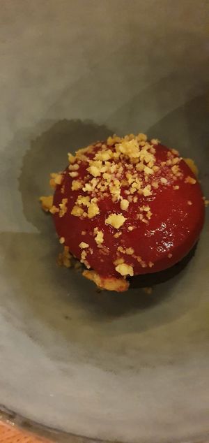 vegan cake with strawberry topping dessert at TIAN Bistro am Spittelberg in Vienna