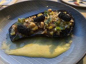 Main course: Egg plant walnut berry filing   at TIAN Bistro am Spittelberg in Vienna