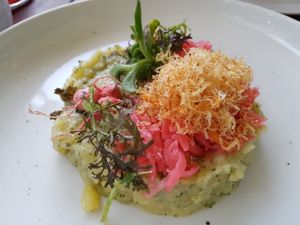 vegan potato salad with herbes. 1st dish in Sheff garden menu at TIAN Bistro am Spittelberg in Vienna