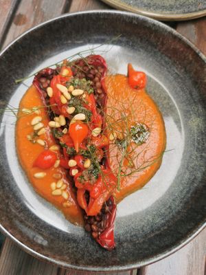 Delicious main with roasted pepper, pine nuts and lentils at TIAN Bistro am Spittelberg in Vienna