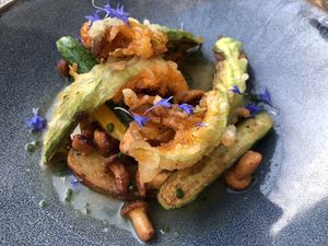 Zucchini blossom main at TIAN Bistro am Spittelberg in Vienna