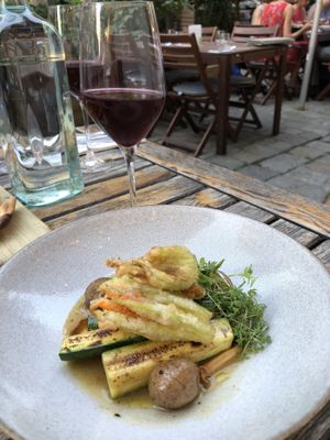 Squash blossoms. Their version of Rose wine.  at TIAN Bistro am Spittelberg in Vienna