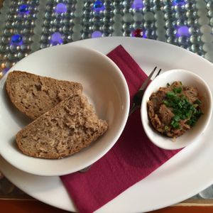 Vegan cracklings with bread. at Clear Head - Lehka Hlava in Prague