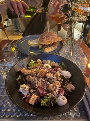 Crispy tofu with pickled beetroot - wasabi mayonnaise, bread croutons, golden raisins, smoked almonds and seeds - 295 CZK at Clear Head - Lehka Hlava in Prague