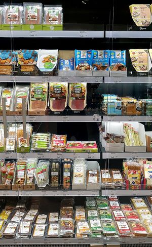 Display of vegan mock meats and tofu - excerpt at Veganz - Kreuzberg in Berlin