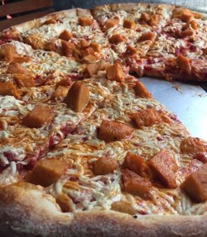 Pizza with vegan cheese and vegan buffalo chicken.  at Little Anthony's in Albany