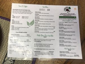 Smoothie/juice/tea menu  at Healthy on Lark in Albany