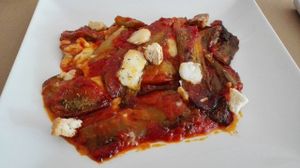 Eggplant with tomato sauce and very tasty vegan cheese at Paradis Obrador Ecologic Vega in Granollers