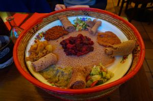 The amazing veg combination dish - a must try! at Little Ethiopia in Antwerpen