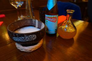 Mongozo coconut-beer. Loved it! Couldn't try the other flavors, next time! (Mango and pineapple(?))
It contains fair-trade rice and coconut milk next to the standard ingredients. Don't know if the beer is made vegan though.  at Little Ethiopia in Antwerpen
