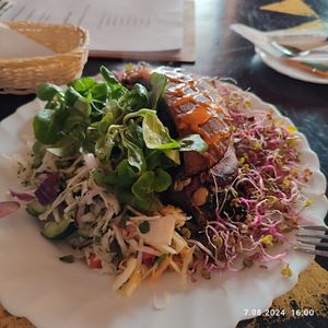 Dużo warzyw, ładnie podane. Danie nie było przesolone, a szarlotka nie była przesłodzona, jednak przydałoby się więcej smaku, jakieś przyprawy. at Bar Alternatywa in Hel