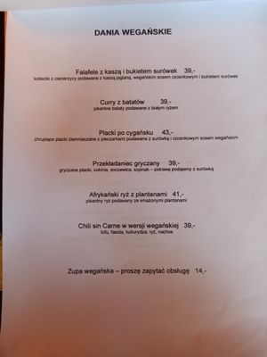 Menu - I think its changing quite often, a couple new positions here (chili sin carne, curry with sweet potatos, rice with plantanas) at Bar Alternatywa in Hel