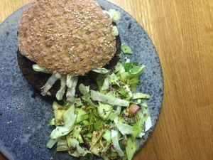 Mushroom burger and salad  at 42°Raw in Frederiksberg