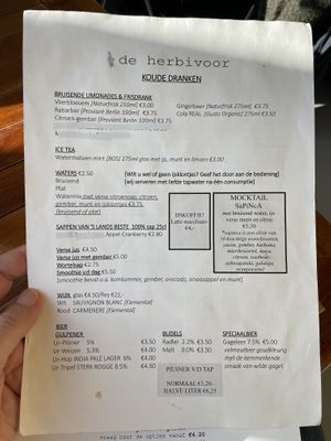 Menu  at De Herbivoor in Groningen
