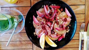 Dutch mini pancakes with apple, dates and nuts at De Herbivoor in Groningen