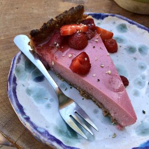 Delicious vegan strawberry cheesecake! at De Herbivoor in Groningen