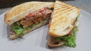 BLAT on sourdough, added red onion (on our own plate) at Beerline Cafe in Milwaukee