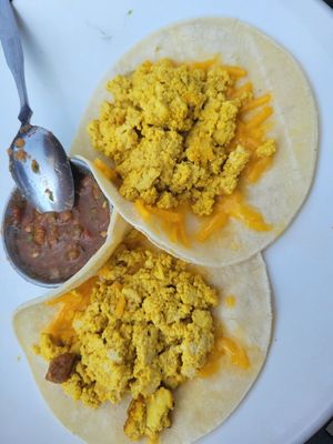 Tofu Scramble tacos with vegan cheese at Beerline Cafe in Milwaukee