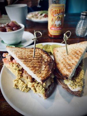 Breakfast panini, with added tempeh bacon and tomato  at Beerline Cafe in Milwaukee