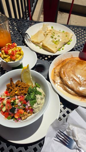 Shawarma grain bowl (May special), cinnamon roll pancakes, basic breakfast crepe, pesto mac at Beerline Cafe in Milwaukee