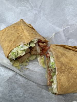 Tempeh V.L.T. on a GF wrap at Green Street Market in Rio Grande