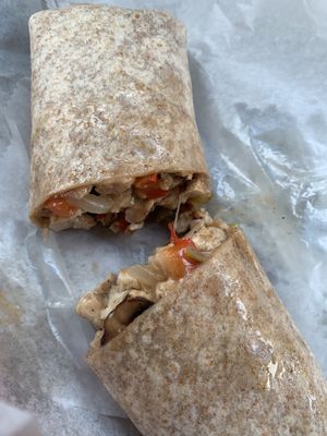 “Chicken” Cheesesteak w/PepperJack Cheese on GF wrap at Green Street Market in Rio Grande