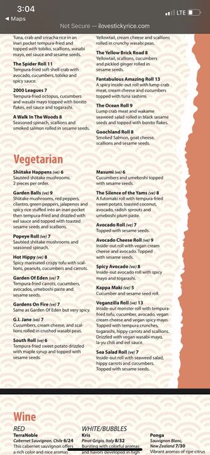 the veg sushi menu! at Sticky Rice in Richmond