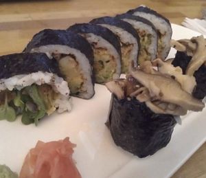 Love their vegan sushi options (which are clearly marked on their menu). That mushroom sushi is amazing. at Sticky Rice in Richmond