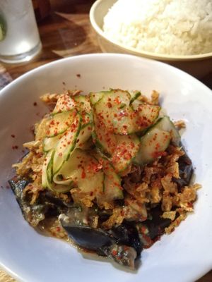 Miso aubergine, pickled cucumber, crispy shallots and jasmine rice at The Hug and Pint in Glasgow