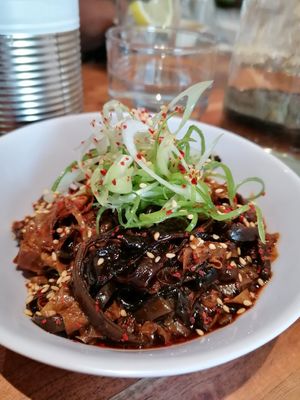 Black fungi and beancurd at The Hug and Pint in Glasgow