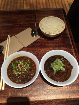 Black fungus and beancurd. On the right- aubergine, pepper and pickled cucumbers. at The Hug and Pint in Glasgow