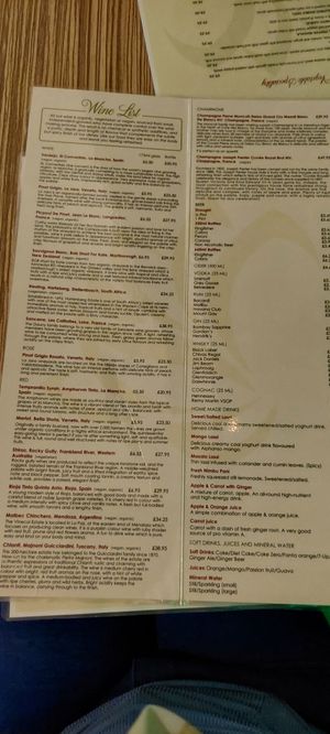 Drinks menu at Indian Temptation in Bath