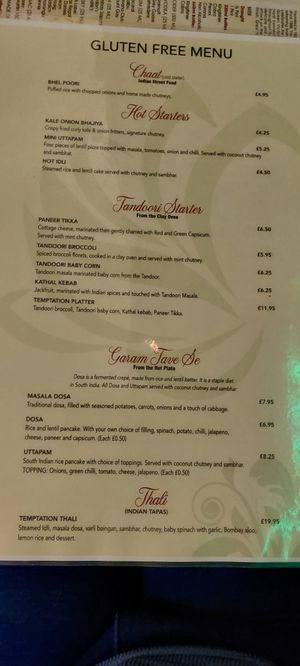 Menu at Indian Temptation in Bath