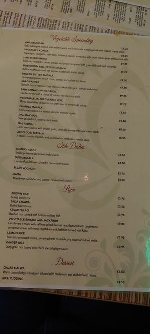 Menu at Indian Temptation in Bath