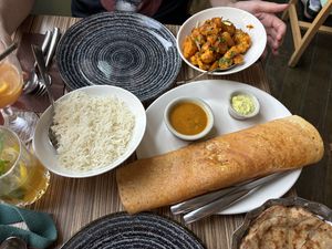 Masala dosa, aloo gobi, paratha and rice  at Indian Temptation in Bath