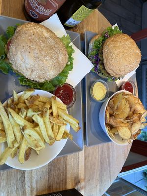 vegan burger 2 with fries & vegan burger 3 with chips  at BioBurgerMeister in Salzburg