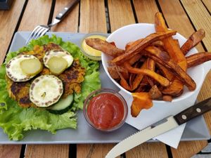 Ayurveda burger (no bun) and greasy, mushy sweet potato fries at BioBurgerMeister in Salzburg