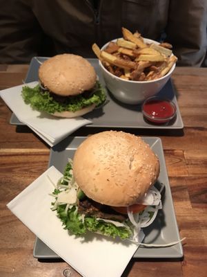 Regular burger (above) and vegan burger ("Green Burger") below -- and fries! at BioBurgerMeister in Salzburg