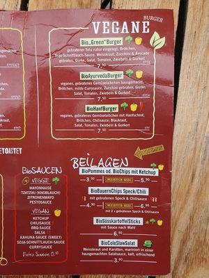 Menu at BioBurgerMeister in Salzburg