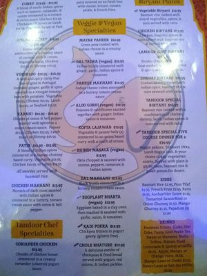 Veggie & Vegan Menu at Tandoor in Lexington